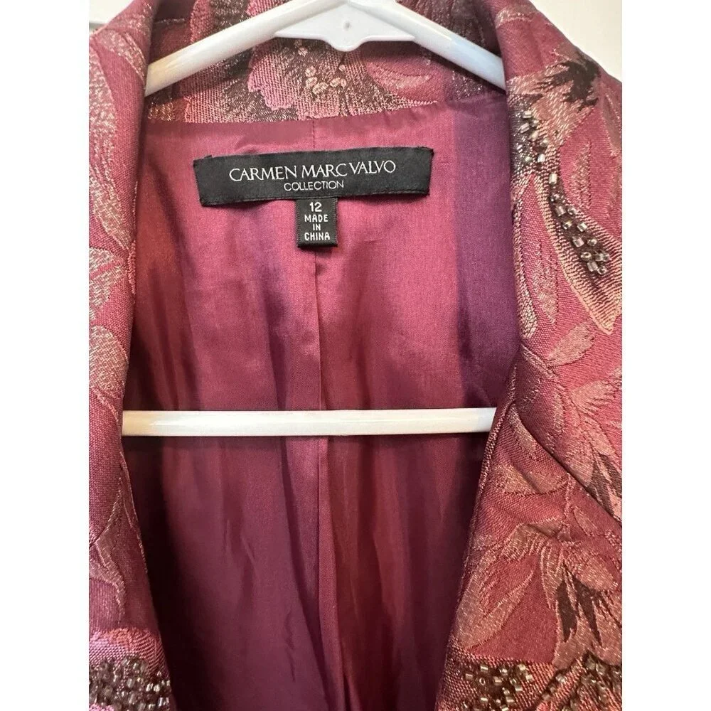 Carmen Marc Valvo Blazer Beaded Burgundy Sz 12 Lined Formal Wedding Metallic EUC